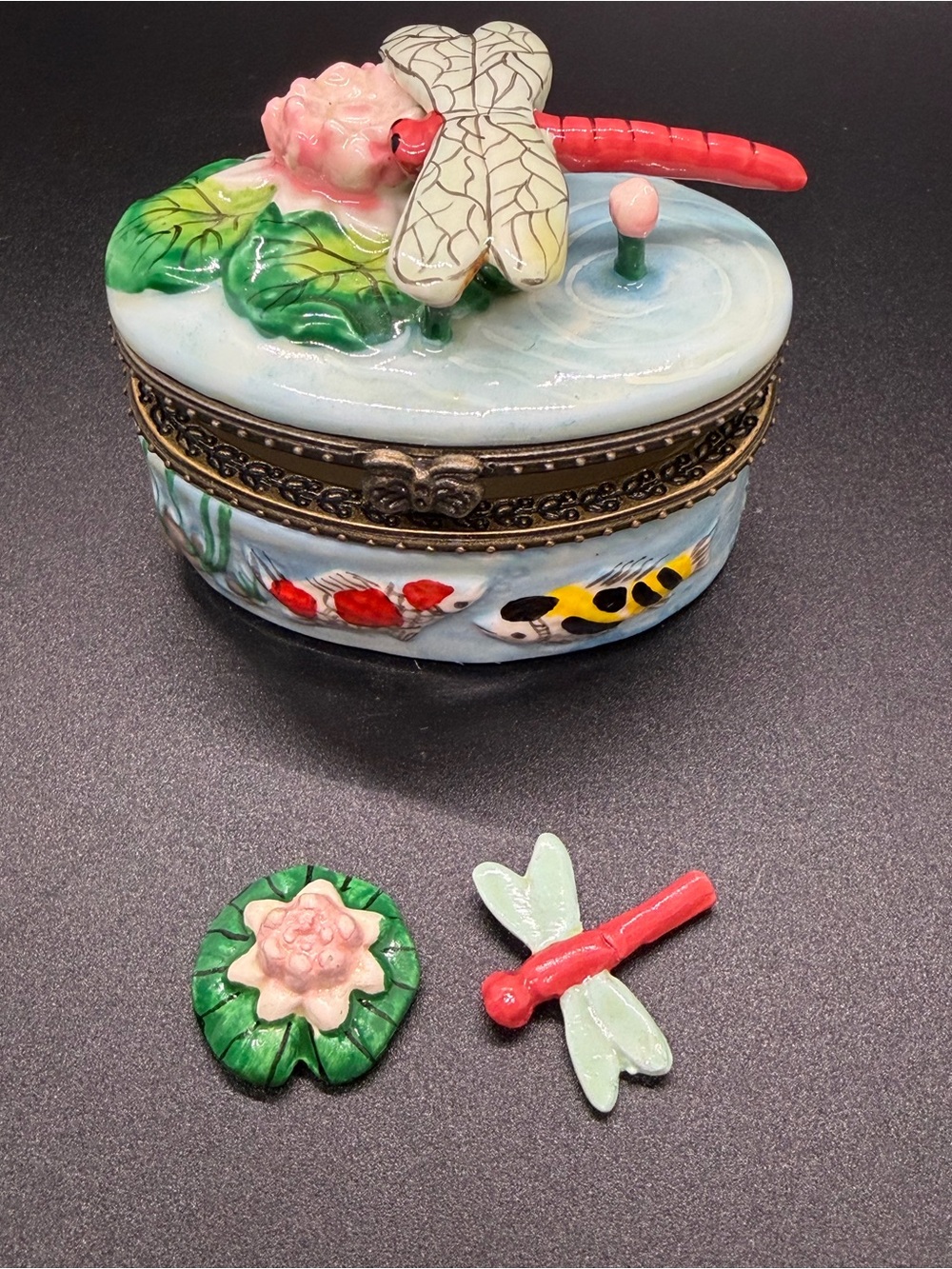 Dragonfly And Koi Fish Hinged Trinket Box With Water Lily And Dragonfly Trinket